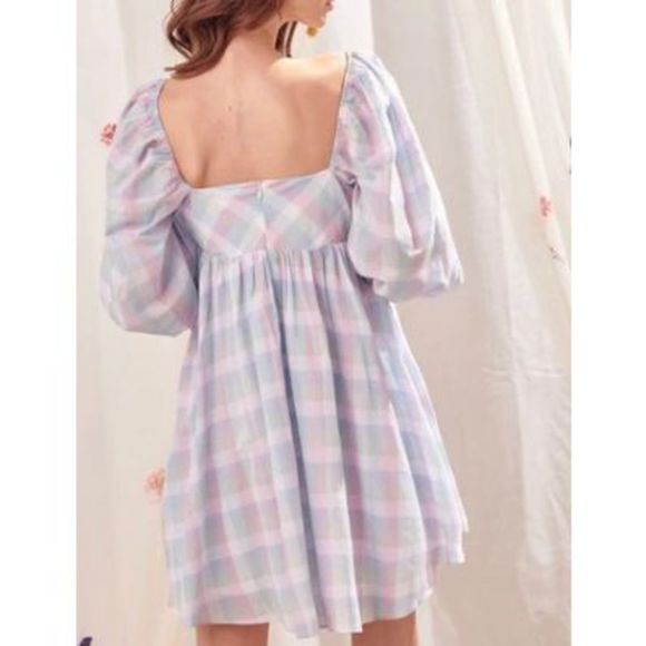✨NWT✨STORIA✨PASTEL PLAID PUFF-SLEEVEST BABYDOLL MINI DRESS - Picture 7 of 14